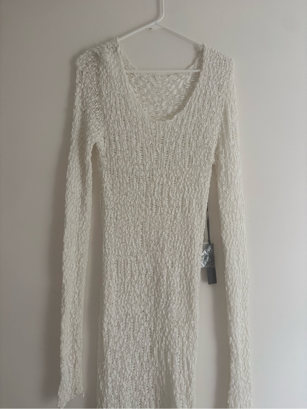 Slim-Fit Cream Textured Long-Sleeve Dress